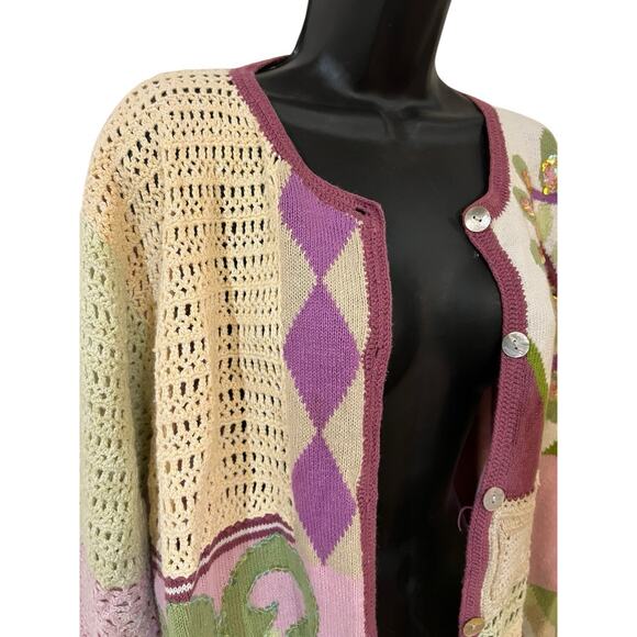 Vintage Storybook Knits Geometric Patchwork Cardigan Sweater XL Cottagecore - Picture 6 of 14